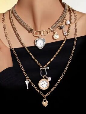 Zara Gold Plated Stainless Steel Multi Layer Watch Charm Necklace Waterproof